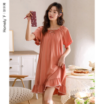 Sleeping Dress Lady Sleepwear Skirt Summer Summer Slim pure cotton short sleeves All cotton medium dress loose big code Lions dress