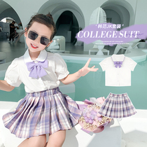 Amybaby Girl JK Uniform Short Sleeve Shirt Campus College Wind Blouse Plaid Pleura Dress Two Sets Summer Dress
