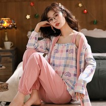 Three-piece pajamas female Spring and Autumn new cotton foreign style cute students Korean version of the year red robe