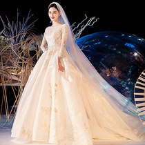 Starry Sky long sleeve winter French main wedding dress 2021 new bride temperament court wind tailing small man arm