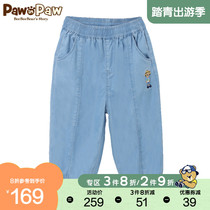 Pawn Paw Cartoon Little Bear Boy Clothing 2022 Summer Style Boy Tightness Denim Shorts Sunscreen Sunscreen Washed Blue
