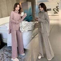 Pregnant women suit autumn and winter 2021 new loose turtle neck women autumn foreign style knitted wide leg pants two-piece set