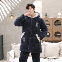 Pajamas men's winter three-layer padded velvet coral fleece cotton pajamas flannel one-piece jacket warm cotton clothes