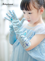 Childrens jewelry Frozen Elsa Princess Gloves Girls Long Tube bow Little girl baby five fingers blue