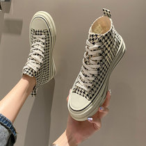 Houndstooth high-top canvas shoes womens 2021 new thick-soled lace-up casual shoes fashion round head all-match breathable womens shoes