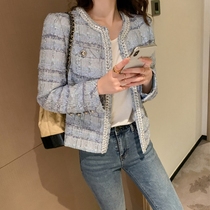 Sandro asw Blue small fragrant wind socialite woven tweed jacket foreign style waist gentle short top women