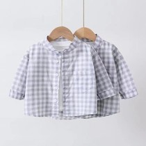 Boy plaid shirt long sleeve foreign spring and summer thin children Korean cotton linen sunscreen top Baby collar shirt