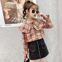Girls  shirts 2021 Western style Plaid childrens shirts middle and large childrens spring and Autumn thin cotton long-sleeved tops to wear outside