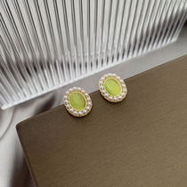 Retro gentle elegance 100 lap pearl green cat eye stone earrings high-grade earrings Mosquito Coil Dish Without Ear Clip