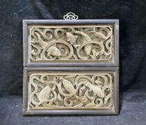Qing Dynasty relief algae pattern old wood carved flower plate pair