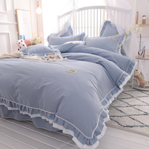 European style plain color bed skirt four-piece cotton cotton quilt cover sheet bed cover simple princess style 1 8m bedding