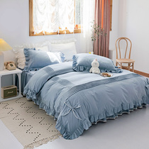 Korean solid color Princess style cotton four-piece set Simple cotton bedding Bed skirt duvet cover sheet ruffle edge