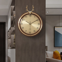Simple brass deer head wall clock home living room wall decoration mute wall clock modern creative solid wood quartz clock