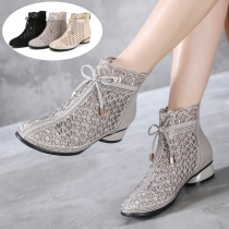 Net Yarn Short Boot 2022 Spring Summer New Genuine Leather Flat Bottom 100 Hitch Woman Boots Big Code Water Drill Women Shoes Soft Bottom Hollowed-out Cool Boots
