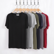 Modal cotton short sleeve jacket autumn and winter pajamas men's spring and autumn large size single V neck base thin T-shirt household clothing