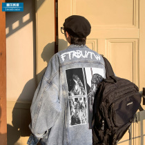 Printed jacket mens spring and autumn new washed vintage high street denim jacket American trend brand loose casual top