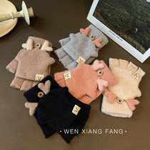 Half-finger gloves winter womens autumn and winter plus velvet thickened Korean version of cute antlers flap cycling warm Dew finger