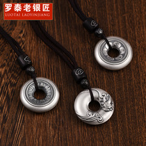 Luotai Old Silversmith 999 Sterling Silver Pixiu Ping An Clasp Pendant Mens and Womens Vintage Six Character Mantra Necklace Solid Pendant