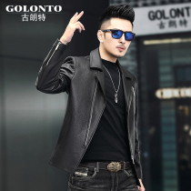 2021 goatskin leather leather jacket mens deerskin pattern short motorcycle leather jacket Haining thin suit collar jacket