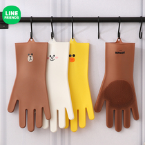 LINE FRIENDS Brown Bear Household Washing Gloves Women Silicone Brush Bowl Cleaning Artware Kitchen Wear-resistant Anti-hot