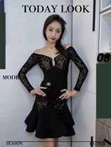 LR beauty Latin dance dress one-shoulder long sleeve lace mesh dress fishbone swaggered with open back with chest cushion woman