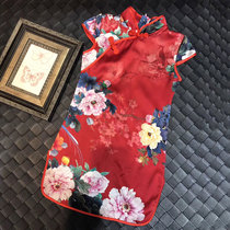 Chinese style big red silk cheongsam girl 2019 new summer girl princess pink Mulberry silk skirt