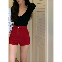 High waist hot pants female and American small crowdhot girl bag hip shorts Summer Korean version ins Tide Broadlegged Pants Red Jeans Red Jeans