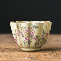 Out of the mud can be dyed pure handmade Rumei glazed Kui Cup Jingdezhen pastel flower Master Cup kung fu tea cup single Cup