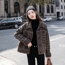  Anti-season clearance lambskin jacket female 2021 autumn and winter new woolen plaid stitching short cotton coat cotton jacket female