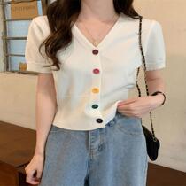 V-neck short top with high waist wide leg pants design sense niche thin short sleeve T-shirt Women summer 2021 New