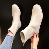 Small code woman shoes autumn winter 2021 French style white small short boots with velvety cotton shoes womens winter big code fried street skinny boots flat bottom