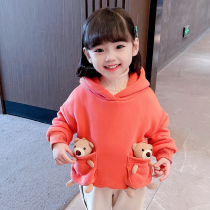 Girls sweater spring and autumn 2021 new foreign style hooded coat childrens clothing plus velvet baby autumn winter clothing Korean version of children