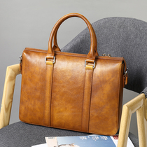 Hand-colored horizontal mens bag leather tanned leather leather briefcase Business Mens portable shoulder bag fashion