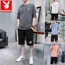 Playboy Ice Silk short sleeve T-shirt mens casual suit 2021 summer Tide brand trend ins handsome match set