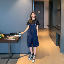 Wide-leg denim net red bib shorts womens summer 2021 new small thin section age-reducing loose suit bib shorts