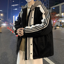 Winter padded cotton-padded men's Korean fashion hooded color matching cotton-padded jacket men's loose tide brand coat men's winter cotton-padded jacket