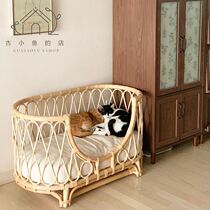 Ancient small fish rattan chic pet bed handwoven dog sofa rattan chair kittens princess bed ins baby bunk bed