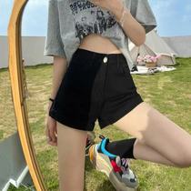 Black crimped denim shorts womens 2021 summer new high waist loose thin a word wide leg hot pants ins tide