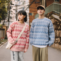 Zhongyi Society original Japanese retro style diamond lattice mohair crew neck sweater men loose couple sweater winter
