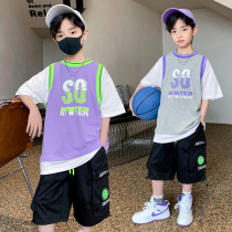 CUHK Childrens Clothing Boy Summer Clothing Suit 2022 New Sports Blue Ball Suit Summer Fried Street Trendy Ocean-Handsome