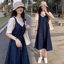 SANDRO MOSCOLONI AGE-REDUCING WAIST SUIT WOMENs 2021 SUMMER NEW FOREIGN STYLE DENIM STRAP DRESS