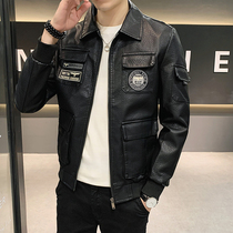 Embroidered leather jacket mens spring and autumn new leather clothing mens wild casual locomotive clothing Puskin jacket trend short
