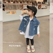 Girls 2021 Spring Summer new denim vest jacket foreign-style children Korean top baby Joker coat tide