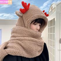 Winter new round neck Christmas deer corner plush hat winter gloves hat scarves with three sets of cute women