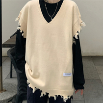 INSstudios trend ins Korean vintage dark gnaw bite destruction knitted vest sweater vest men and women