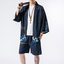 Summer robe Cloak mens seven-point sleeve cardigan sunscreen suit Ukiyo-e Japanese feather woven kimono two-piece set tide