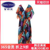 Ann Lifang New ins Wind print long beach dress women sunscreen meat Cover Holiday Beach coat EH00003