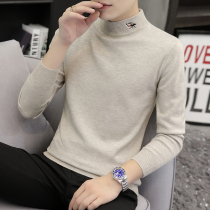 Sweater mens autumn and winter thickened warm slim-fit semi-turtleneck cardigan mens trend wild embroidery knitted base shirt