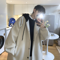 Coat coat men's autumn and winter Korean fashion loose Joker hooded long woolen coat plus velvet padded coat