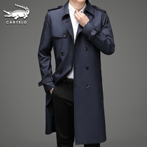 Crocodile trench coat mens long spring and autumn New handsome knee jacket mens Korean trend British wind coat